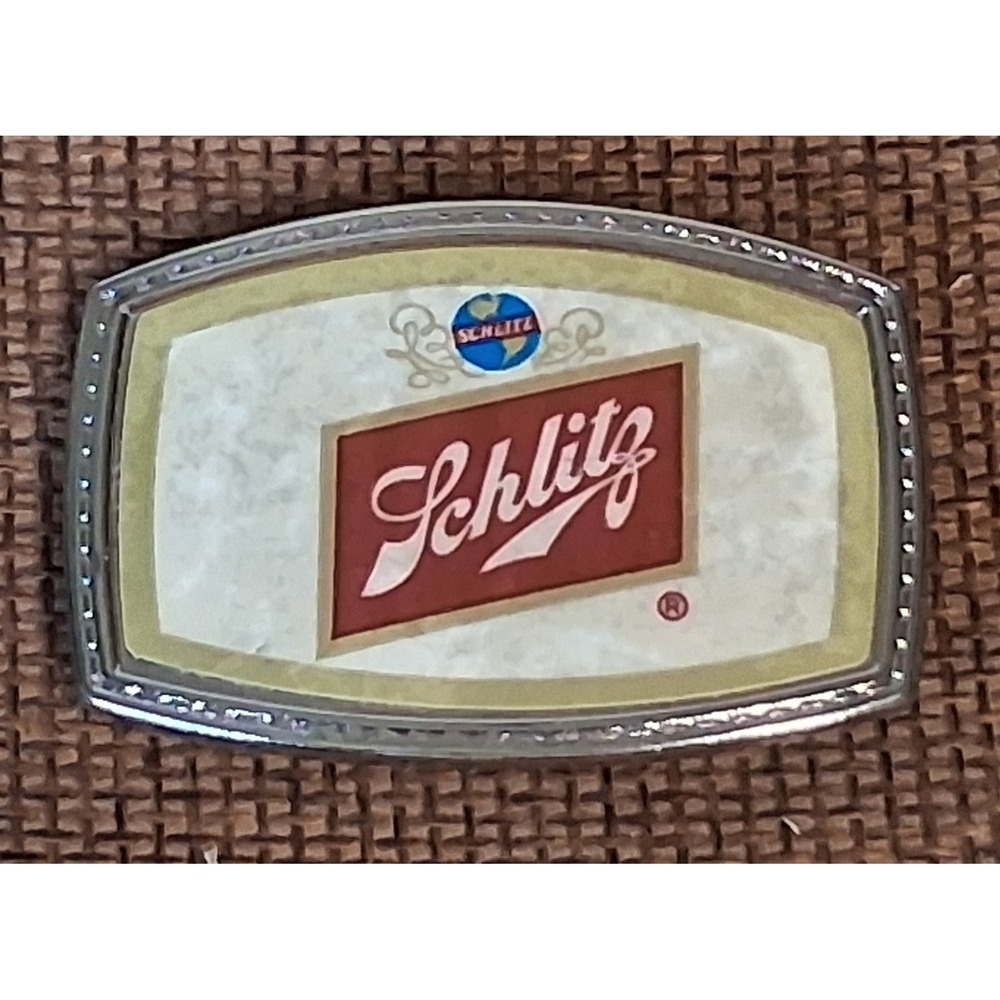 Vintage Schlitz Beer Belt Buckle Silver Tone Rectangular Brewery Logo Mens Retro